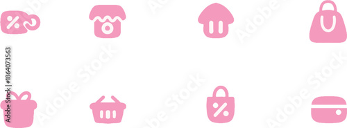 Pink icons for shopping and sale concepts including discount symbols, shopping bags, and house, on white background with ecommerce and retail