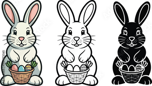 Easter Bunny silhouette & Outline and illustration set isolated on transparent background