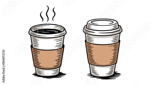 Coffee Cups: A pair of delightful coffee cups, one steaming with rich, dark brew and the other sealed and ready to go. Perfect for a morning perk-me-up or a cozy afternoon treat.
