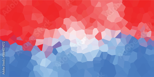 Vibrant abstract background with a geometric mosaic pattern in red, white, and blue polygonal shapes creating a dynamic and colorful visual for design projects