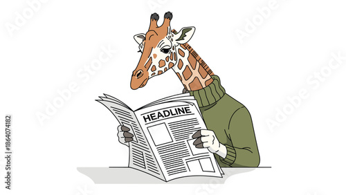 Giraffe reads newspaper with surprising headline in trendy outfit