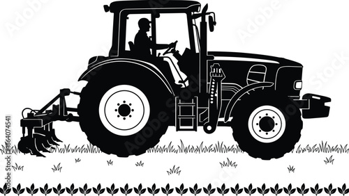 Agricultural tractor silhouette illustration working on farmland, farming machinery and rural agriculture concept, minimalist black vector artwork isolated.Web
