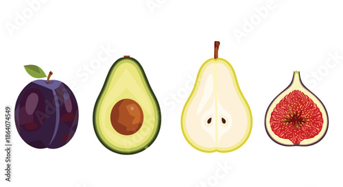 Fresh fruit selection showing a whole plum and halves of an avocado, a pear, and a fig, illustrated in a clean and modern vector style.