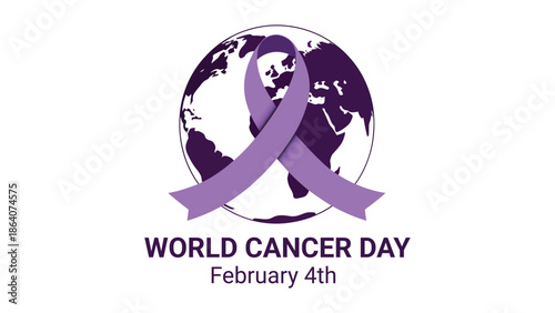 World Cancer Day awareness purple ribbon wrapped around global earth symbol for cancer prevention, international healthcare support and medical awareness campaign