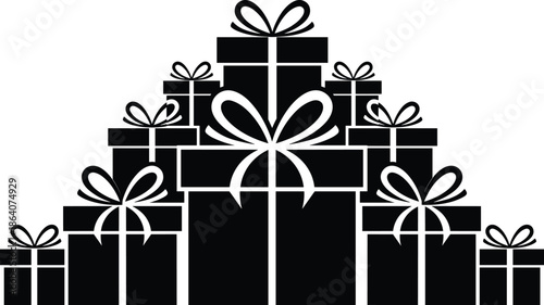 Black silhouette stack of gift boxes with bows, minimalist holiday present illustration for Christmas, birthday, celebration, and festive design useWeb