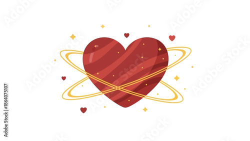 Red heart with orbiting rings and stars on white background
