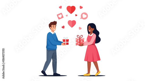 Happy couple exchanging gifts with love icons on white background
