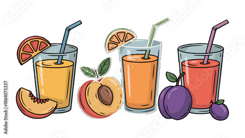 Refreshment Trio: A vibrant array of refreshing beverages featuring a trio of fruit juices. each adorned with a straw and complemented by a selection of fresh fruits.