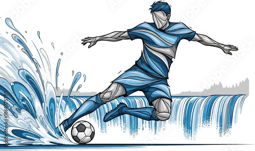Soccer player kicking ball isolated on transparent background