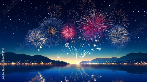 Colorful fireworks display over a calm lake at night with stars
