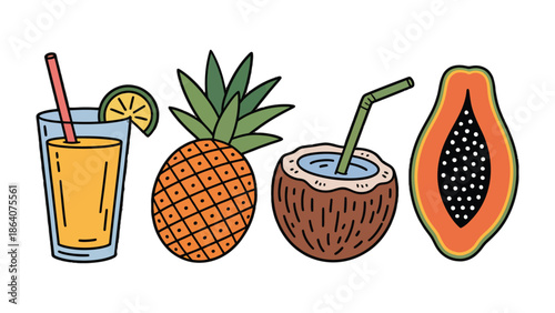 Tropical Refreshment Array: A vibrant assortment of tropical fruits and beverages, including a pineapple, a refreshing coconut, a juicy papaya, and a glass of invigorating juice.  