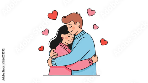 Happy couple embracing with hearts in a cute cartoon style