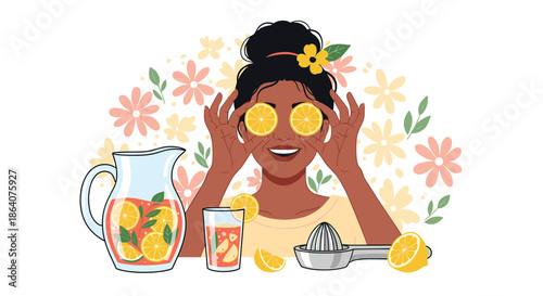 Happy young woman with dark skin and a bun holding lemon slices over her eyes against a colorful floral backdrop pattern.