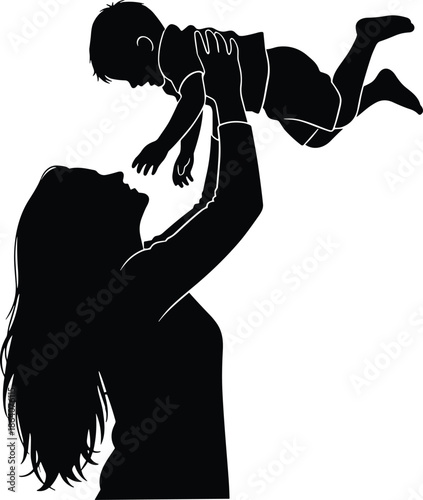 Silhouette of loving caregiver lifting joyful child, family bonding moment, parent and kid connection, emotional support, happiness, affection, nurturing relationship, black vector art
