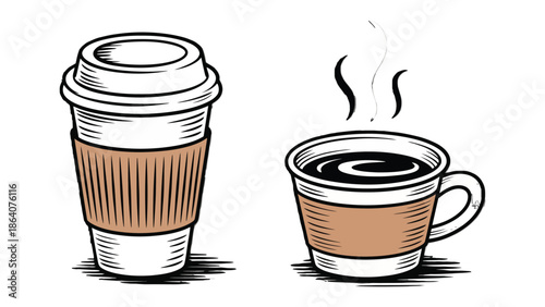 Sipping Delight: Two illustrations capturing the essence of coffee, one a to-go cup, the other a mug, both exuding warmth and inviting moments of caffeine-infused bliss.