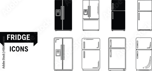 Refrigerator fridge icons vector illustration set, modern kitchen appliance silhouettes and outline designs, black and white household cooling equipment collection
