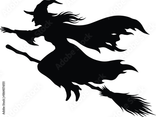 Flying witch silhouette illustration on broomstick representing Halloween magic, fantasy folklore character, spooky night symbol, minimalist black vector artwork.Web