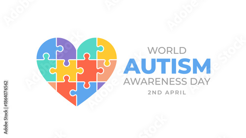 World Autism Awareness Day concept with a colorful puzzle heart. April 2nd design for neurodiversity support, healthcare campaigns, and medical events. Modern flat vector illustration.