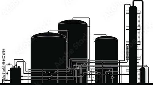 Industrial factory plant silhouette illustration featuring storage tanks, pipelines, and processing towers, heavy industry infrastructure, minimalist black vector artwork.Web