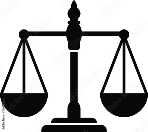 Justice scales silhouette illustration symbolizing law, balance, fairness, and legal equality, minimalist black vector icon isolated on white background.Web