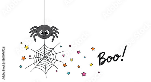 Fun Halloween themed illustration of a cute spider on a web with colorful stars and a Boo text message for kids party.