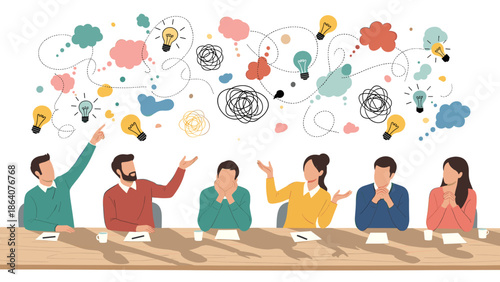 Professional team collaboration session generating innovative ideas, fostering creative problem-solving discussions and diverse concept development during a dynamic brainstorming meeting