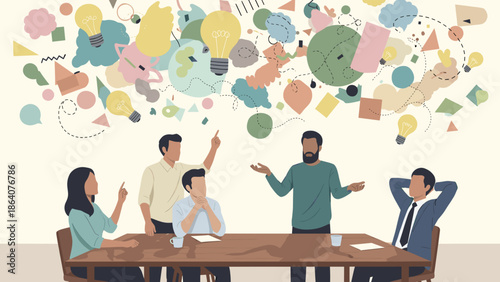 Dynamic Team Collaboration Brainstorming Session with Creative Ideas and Innovation Flowing in a Vibrant Business Meeting Environment