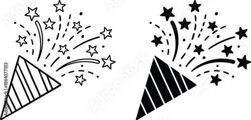 Party popper celebration icons illustration with confetti stars burst, festive event decoration symbols, holiday fun concept, minimalist black vector design.Web