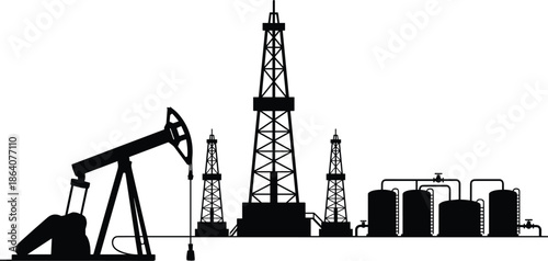 Oil industry skyline silhouette illustration with pump jack, refinery towers, and drilling rigs, energy production infrastructure, minimalist black vector artwork.Web