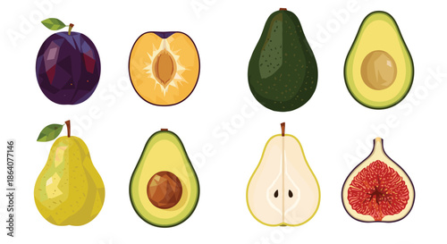 Assorted fruit illustrations featuring whole and cut plum, avocado, pear, and fig for healthy food and nutrition design.