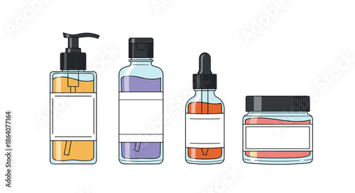 Collection of four cosmetic bottles and jars with colorful liquids and creams and blank white labels for product design.