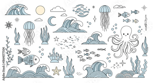 Diverse selection of nautical and marine life illustrations featuring stylized waves, sea creatures, plants, and celestial elements in blue tones.