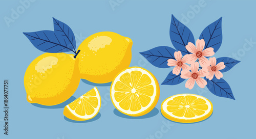 Vibrant arrangement of fresh whole lemons, slices, and delicate pink citrus blossoms with dark blue leaves set against a solid blue background.