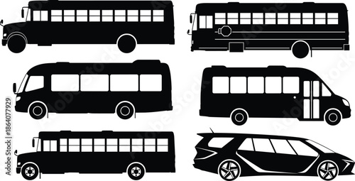 Bus and car silhouette vector set, side view transport icons, black vehicle graphics, public transit and auto design, stock illustration