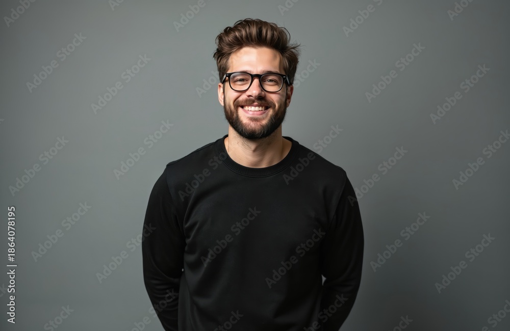 Fototapeta premium Young man with beard smiles wearing glasses and black shirt. He stands against a plain grey background with hands behind his back. He looks friendly and confident. This portrait conveys positivity.