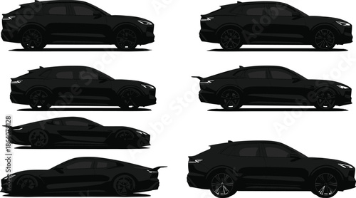 Car silhouette vector set, side view vehicle graphics, black automobile icons, diverse body styles, transport design elements, stock illustration for catalog