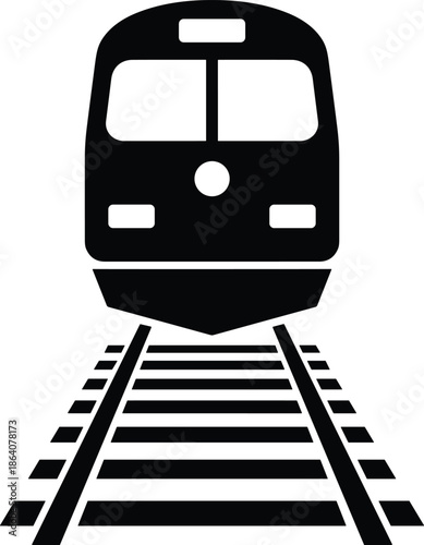 Train front view silhouette illustration on railway tracks, public transportation concept, minimalist black vector icon isolated on white background.Web
