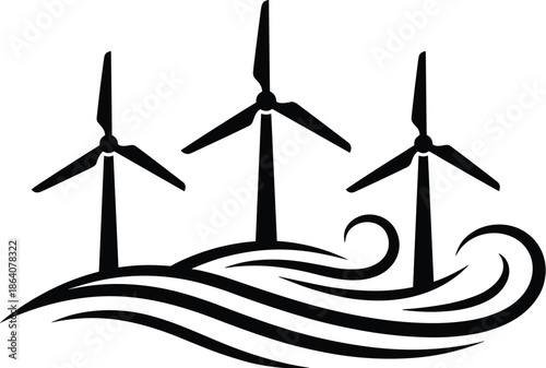 Wind energy turbine illustration over flowing waves symbolizing renewable power, clean electricity, and sustainable environment concept, minimalist black vector artwork.Web