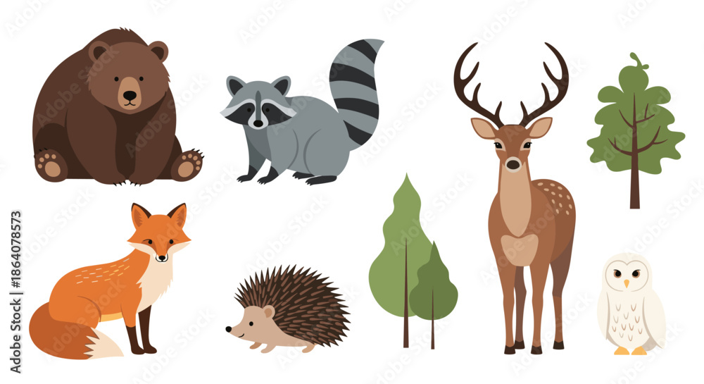 Fototapeta premium Collection of woodland animal illustrations including a bear, raccoon, deer, fox, hedgehog, and owl with several stylized forest trees.