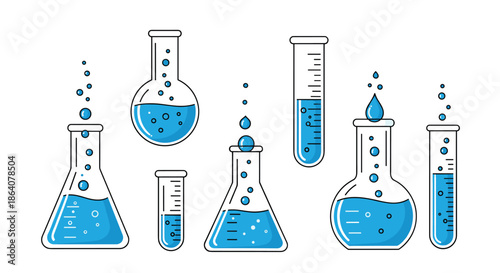 Collection of various science laboratory beakers and flasks filled with blue liquid and rising bubbles for chemistry experiments.