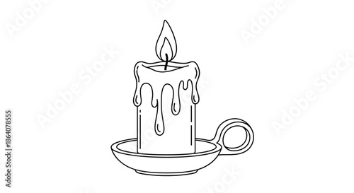 Simple black and white line drawing of a burning candle with melting wax drips sitting on a decorative holder with a small handle.