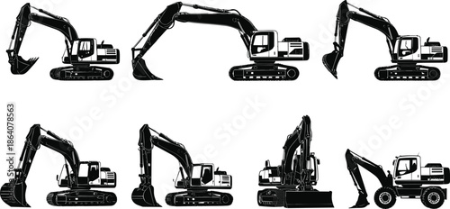 Excavator silhouette vector set, construction vehicle icons, side view arm and boom variations, black transport graphics, stock illustration