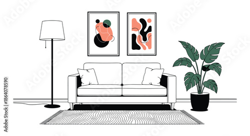 Modern living room illustration with a white sofa, minimalist floor lamp, large potted plant, and abstract art pieces on the wall.