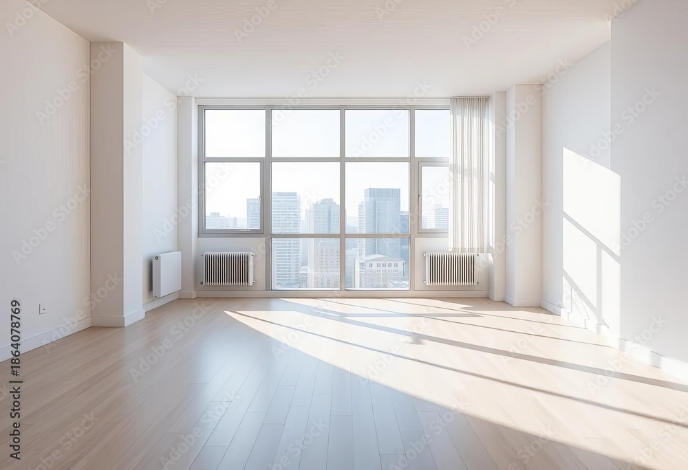 Fototapeta premium Bright, empty, modern apartment interior with large windows and clean walls, ready for move-in and personalization, clean, modern