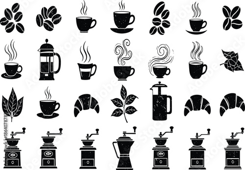 Set of black coffee silhouettes with steaming cups beans grinders and croissants, cafe vector illustration collection for menu design