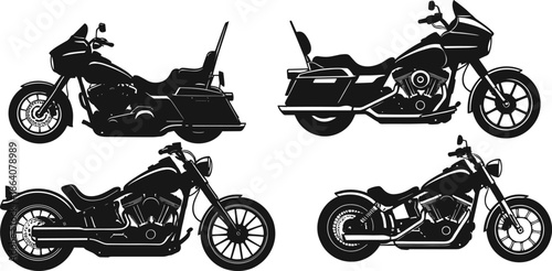 Motorcycle silhouette vector set, cruiser and chopper styles, side view bike icons, black transport graphics, stock illustration for catalog