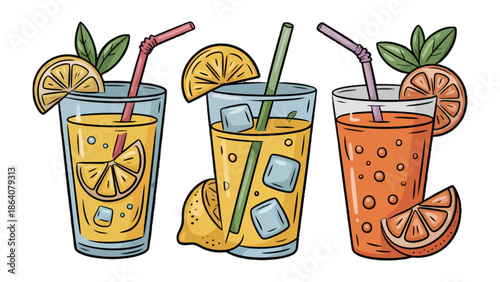 Refreshing Citrus Delights: A vibrant trio of refreshing beverages, each showcasing a unique blend of citrus flavors, adorned with slices of orange, lemons, and straws.
