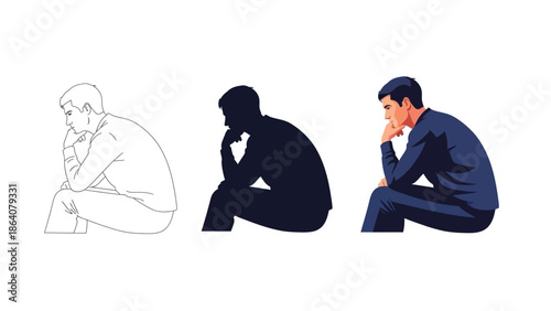 Set of three illustrations of a man sitting in a thoughtful pose outline sketch, solid silhouette, and full color vector drawing