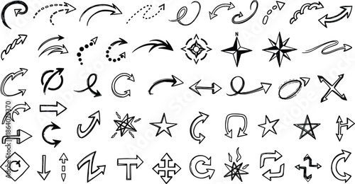 Set of hand drawn arrow icons, star symbols, doodle vector elements, navigation signs, black line art, creative sketch, direction indicators.