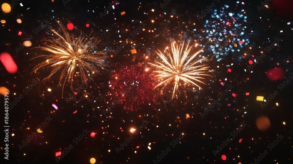Obraz premium Colorful fireworks display exploding in the night sky with festive particles